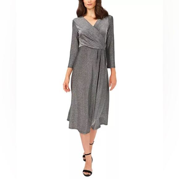MSK Metallic Surplice Neck Jersey-Knit Midi Dress Silver Women’s Sz M - Picture 1 of 9